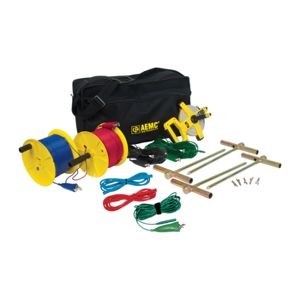 AEMC 2135.37 - Test Kit for 4-Point Testing, Kit (Carrying Bag, [2] 500 ft Color-coded Leads on Spools (Red/Blue), [2] 100 ft Color-coded Leads (hand tied-Green/Black), [1] 30 ft Lead (Green), [2] 5 ft Color-coded Leads (Red/Blue), [4] 14.5" T-shaped