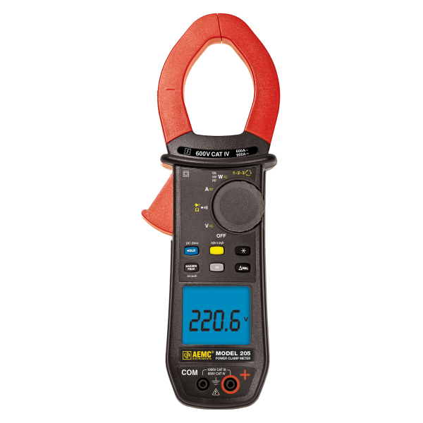 AEMC 2139.40 - Power Clamp-on Meter Model 205 (TRMS, 1000VAC/DC, 600AAC/900ADC, Ohms, Continuity, Phase Rotation, Power, THD) 