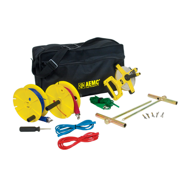 AEMC 2135.35 - Test Kit for 3-Point Testing, Kit (Carrying Bag, [2] 150 ft Color-coded Leads on Spools (Red/Blue), [1] 30 ft Lead (Green), [2] 5 ft Color-coded Leads (Red/Blue), [2] 14.5" T-shaped Auxiliary Ground Electrodes, [1] Set of 5, Spaded Lug