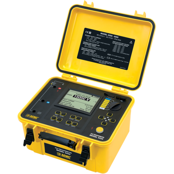 AEMC 2130.32 - Megohmmeter Model 6555 (Graphical, Analog Bargraph, Backlight, Alarm, Timer, 500V, 1000V, 2500V, 5000V, 10kV, 15kV, Ramp, StepV, Variable,  Auto DAR/PI/DD, USB, w/DataView® Software)