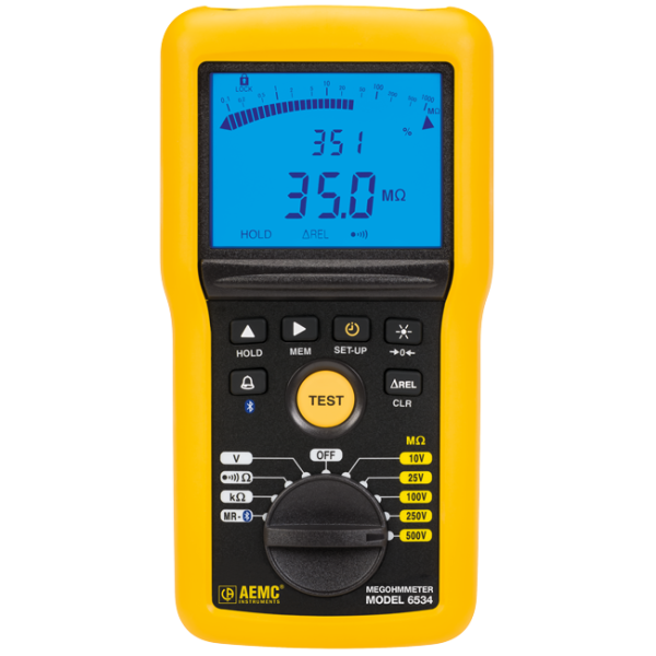 AEMC 2155.55 - Megohmmeter Model 6534 (Digital w/Analog Bargraph, Alarm, 10V, 25V, 100V, 250V, 500V, Ohm, Continuity, V, kΩ, Memory, Bluetooth)