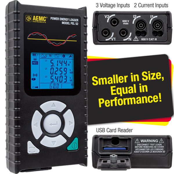 AEMC 2137.69 - Power & Energy Logger Model PEL 52 (w/LCD, w/2 MA193-10-BK Sensors, DataView® Software)