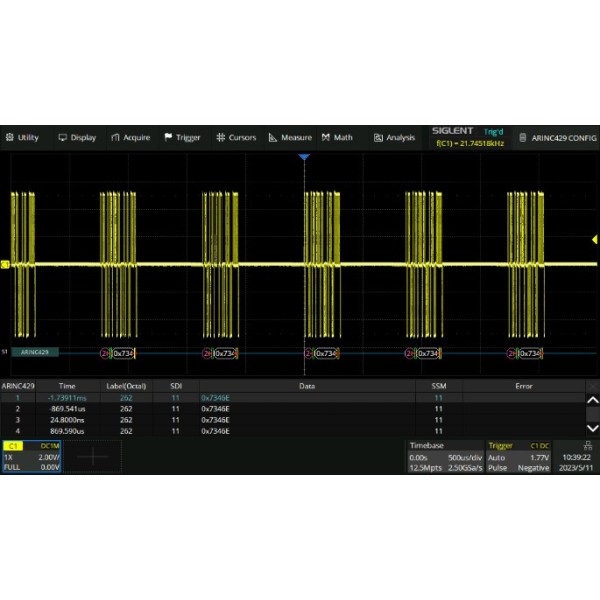 SDS7000A-ARINC - Siglent Oscilloscope Option - ARINC429 trigger & decode (software)